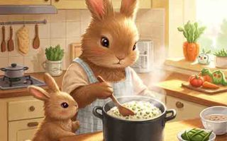 Mẹ Thỏ nấu xôi đỗ cho con