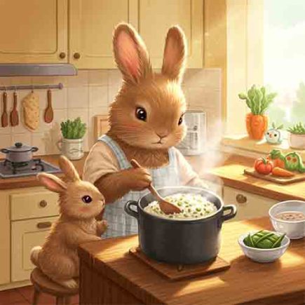 Mẹ Thỏ nấu xôi đỗ cho con